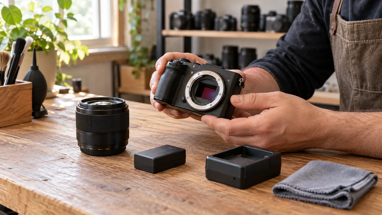 Scena illustrativa: un tecnico controlla una fotocamera usata su un banco, con obiettivo, batteria e caricatore separati.