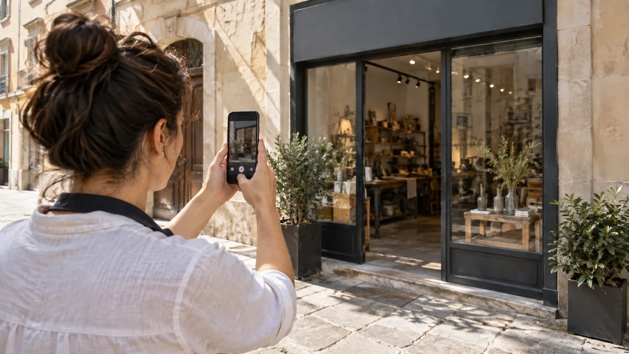 Titolare di un negozio che riprende con lo smartphone l’ingresso della propria attività, in una scena illustrativa.