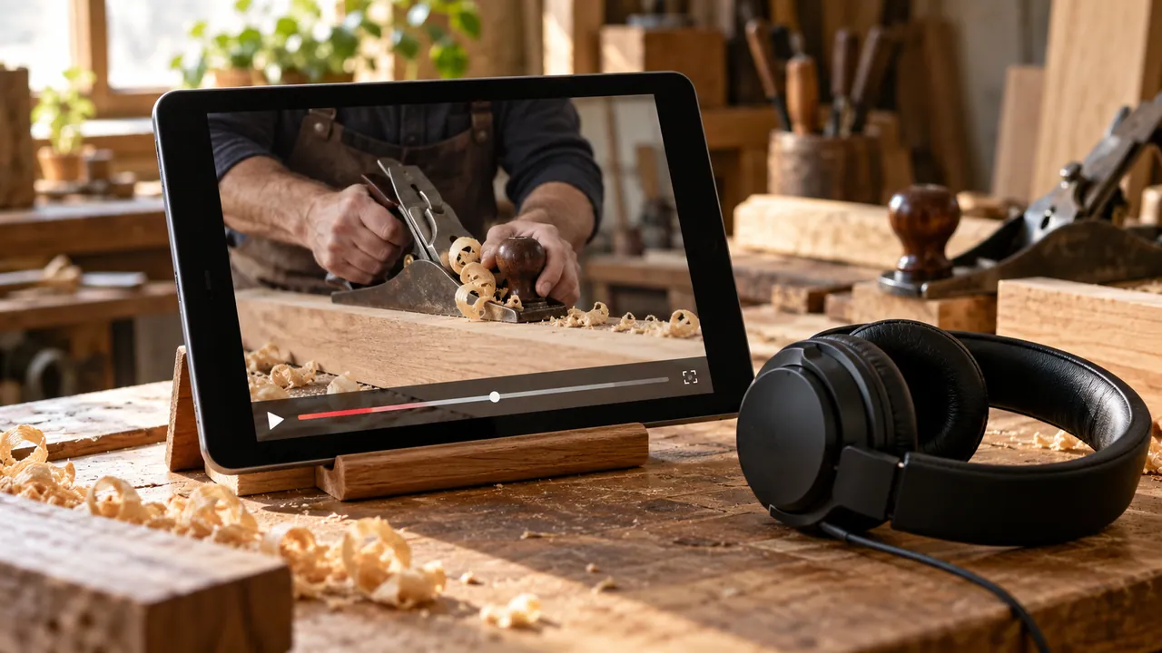 Un tablet riproduce una lavorazione del legno accanto a cuffie e utensili sul banco di un falegname
