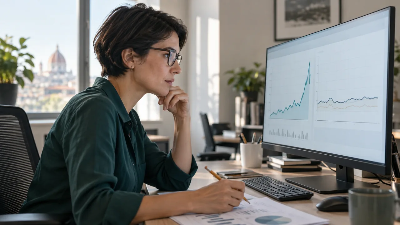 Scena illustrativa generata con AI: una professionista confronta grafici degli accessi al sito e annotazioni alla propria postazione.