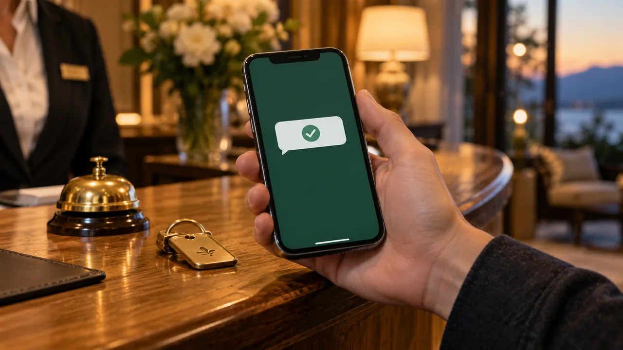Smartphone con un simbolo di conferma sul banco della reception di un albergo.