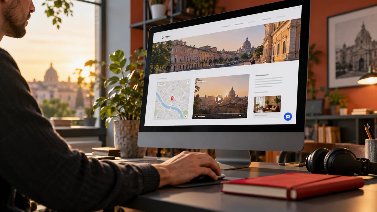 Una postazione in studio mostra una pagina web con una mappa, un video e un pannello chat