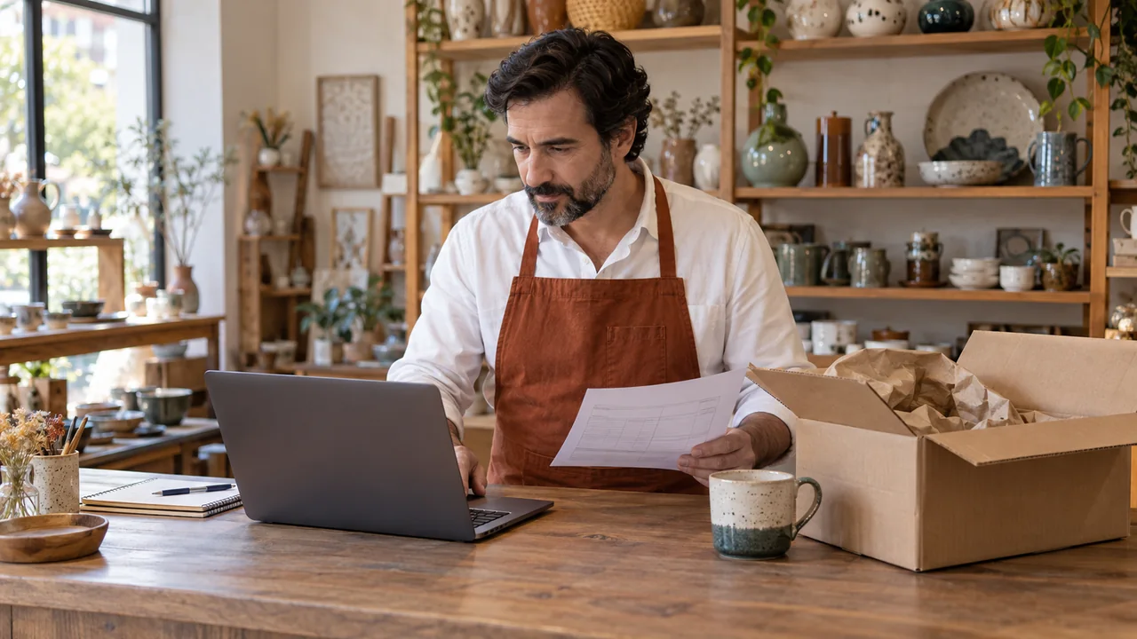 Commerciante verifica un ordine al laptop accanto a una confezione restituita nel suo negozio di artigianato.