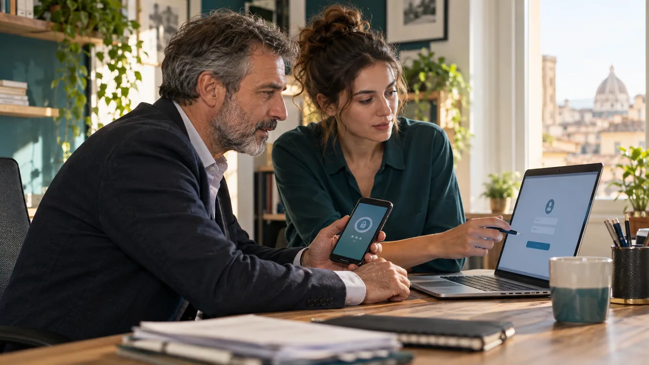 Due professionisti verificano l’accesso a un sito dal portatile con uno smartphone.