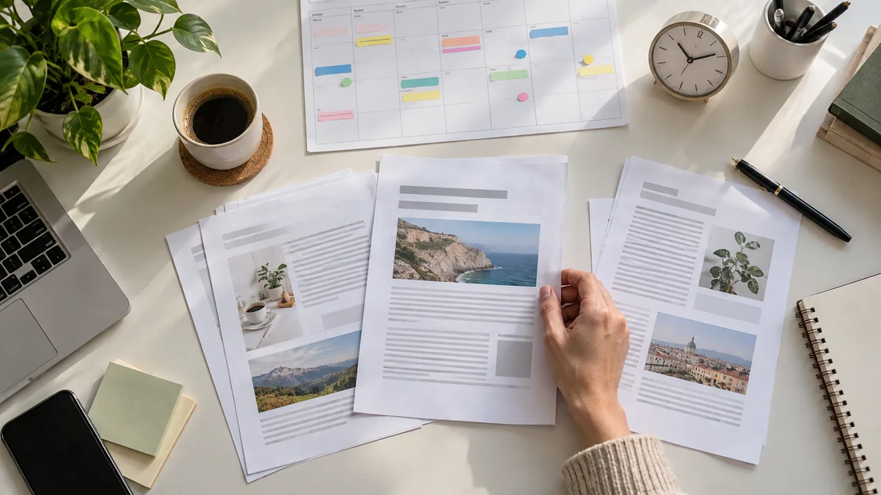 Calendario, bozze di articoli e orologio su una scrivania editoriale.