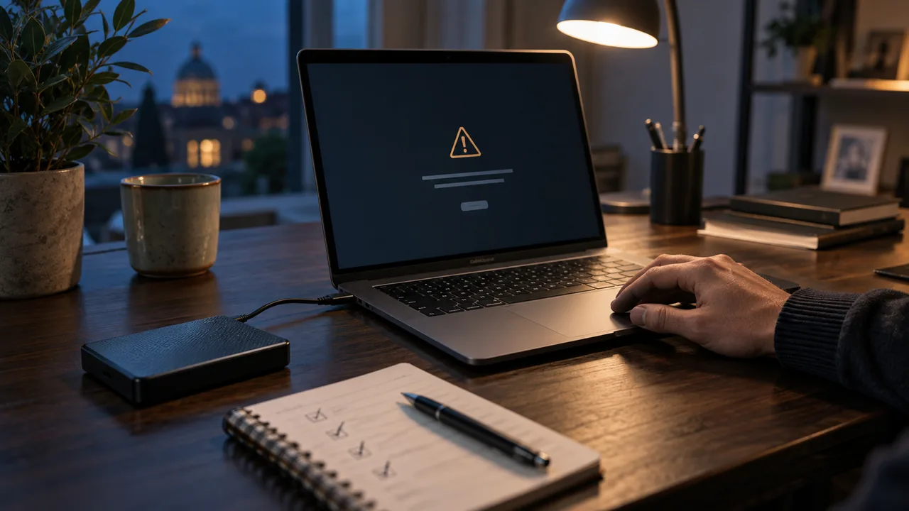 Scena illustrativa generata con AI: un computer con un avviso di errore, un supporto di backup e appunti durante una verifica tecnica.