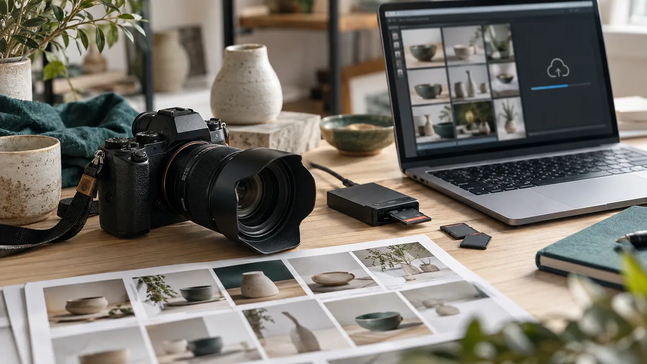 Fotocamera, schede di memoria e fotografie di prodotti accanto alla libreria immagini di un sito.