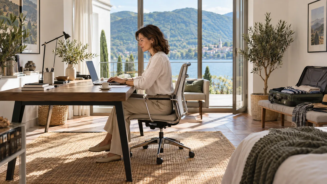 Scena illustrativa: un’ospite lavora al computer a una scrivania in un appartamento luminoso affacciato sul lago.