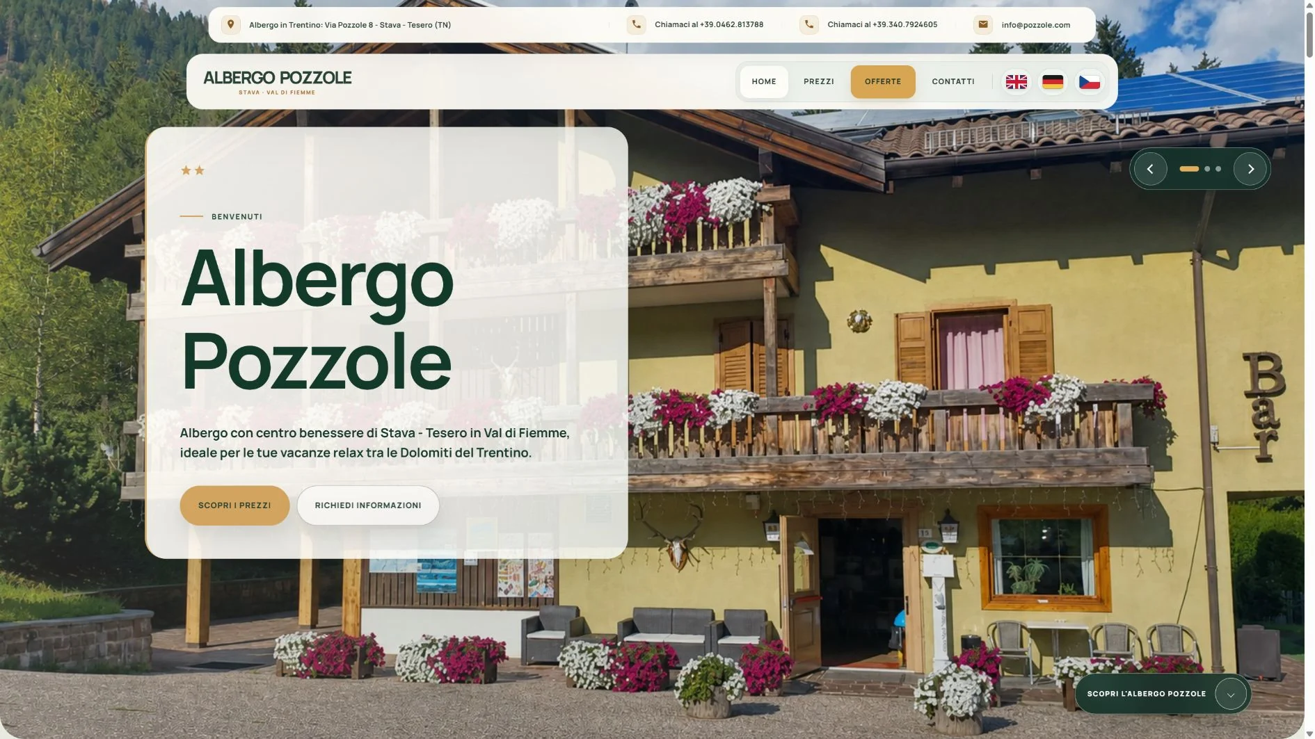 Homepage del sito Albergo Pozzole a Stava di Tesero, in Val di Fiemme