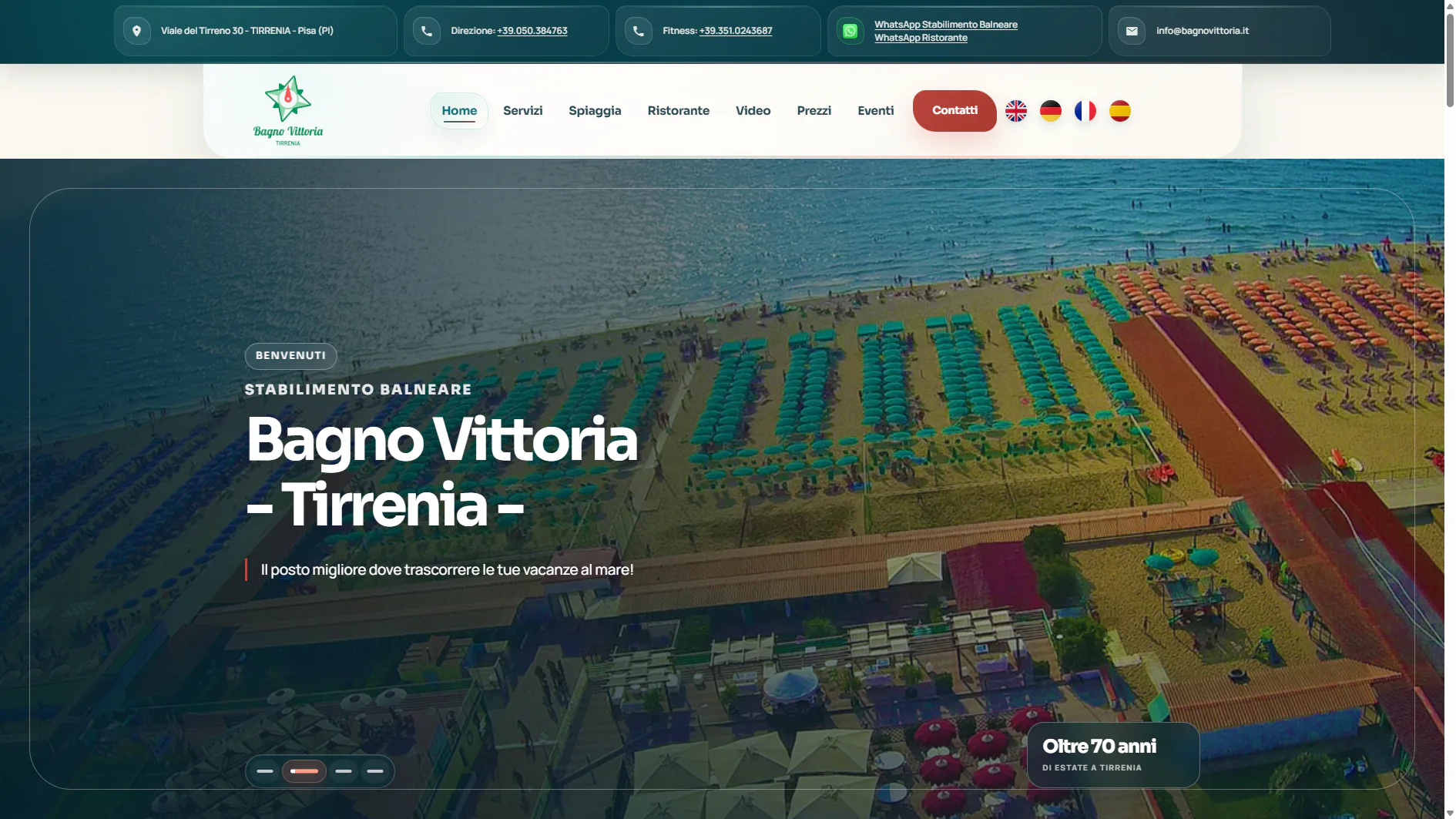 Homepage del sito Bagno Vittoria a Tirrenia per spiaggia e RistoVittoria