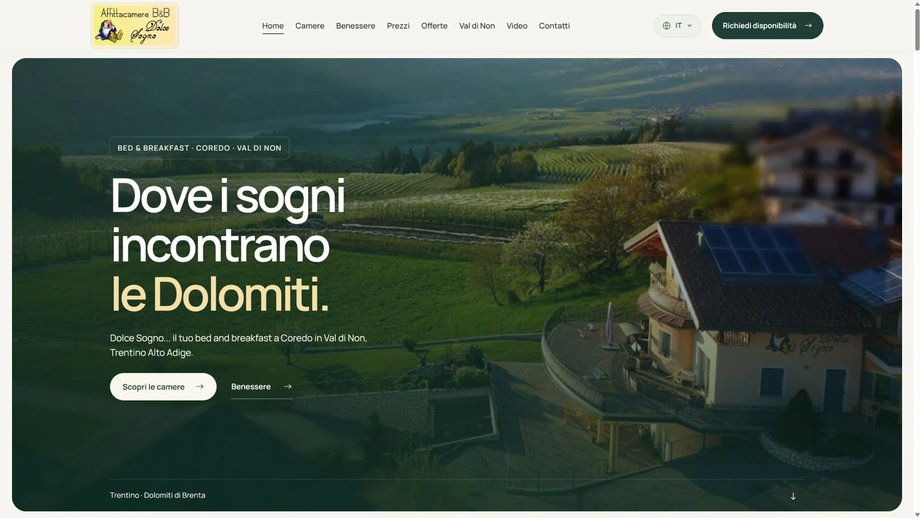 Homepage del sito Dolce Sogno, affittacamere con benessere a Coredo in Val di Non