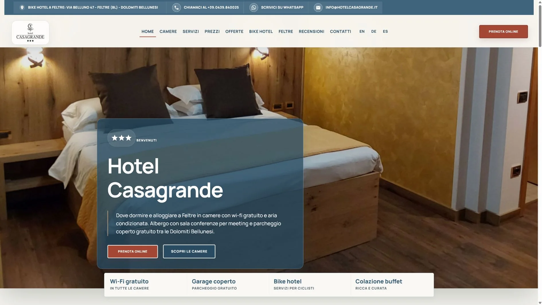 Sito Hotel Casagrande a Feltre con camere, soggiorni business e proposta Bike Hotel