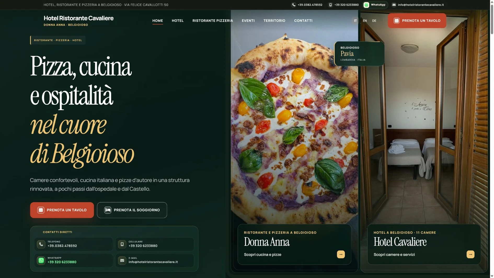 Sito Hotel Cavaliere e Ristorante Donna Anna a Belgioioso, con percorsi per camere e ristorante
