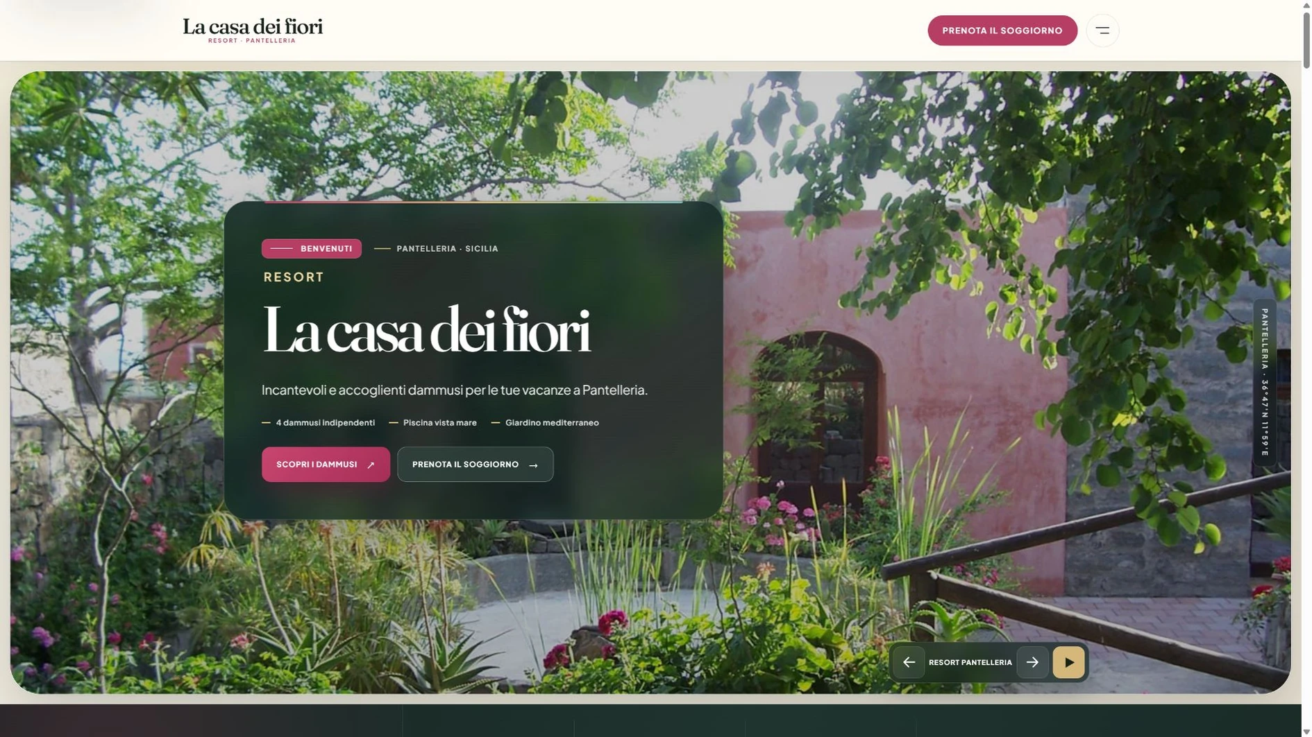 Homepage del sito La Casa dei Fiori con dammusi a Pantelleria