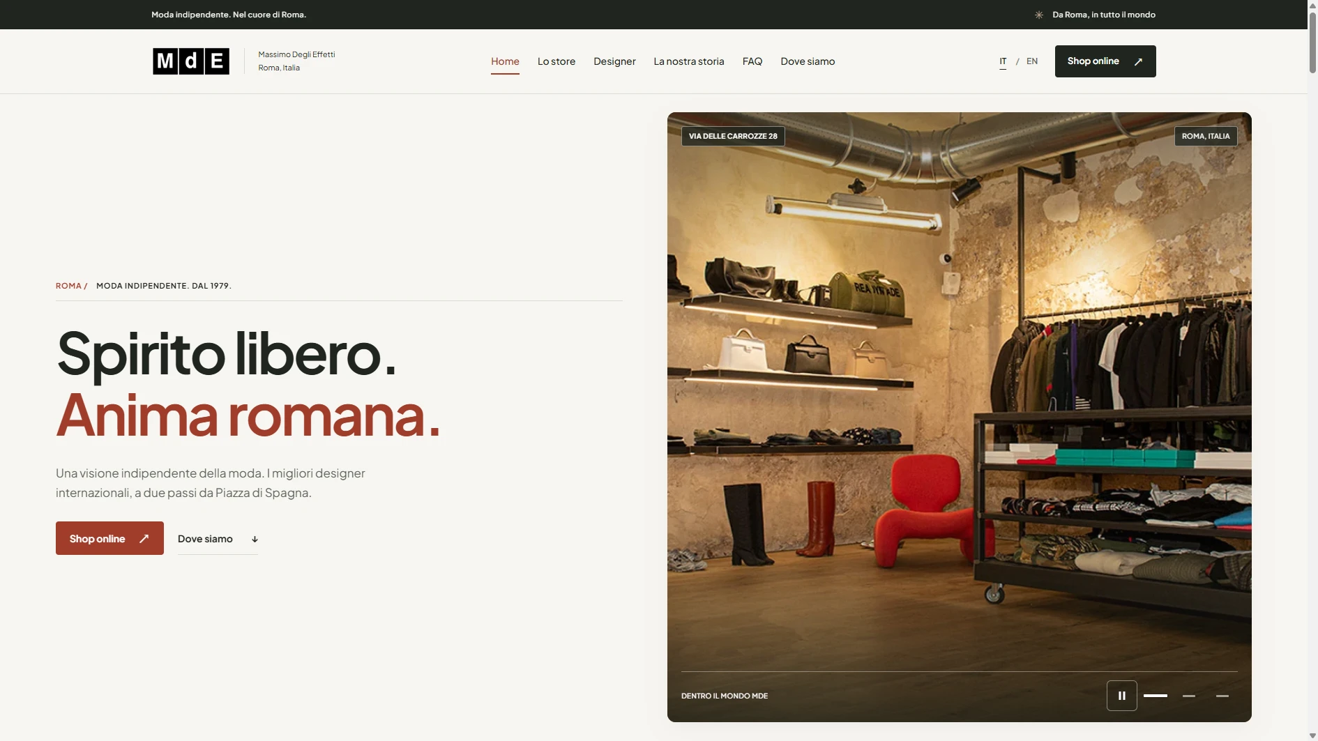 Homepage del sito MdE Fashion, boutique di moda luxury a Roma vicino a Piazza di Spagna