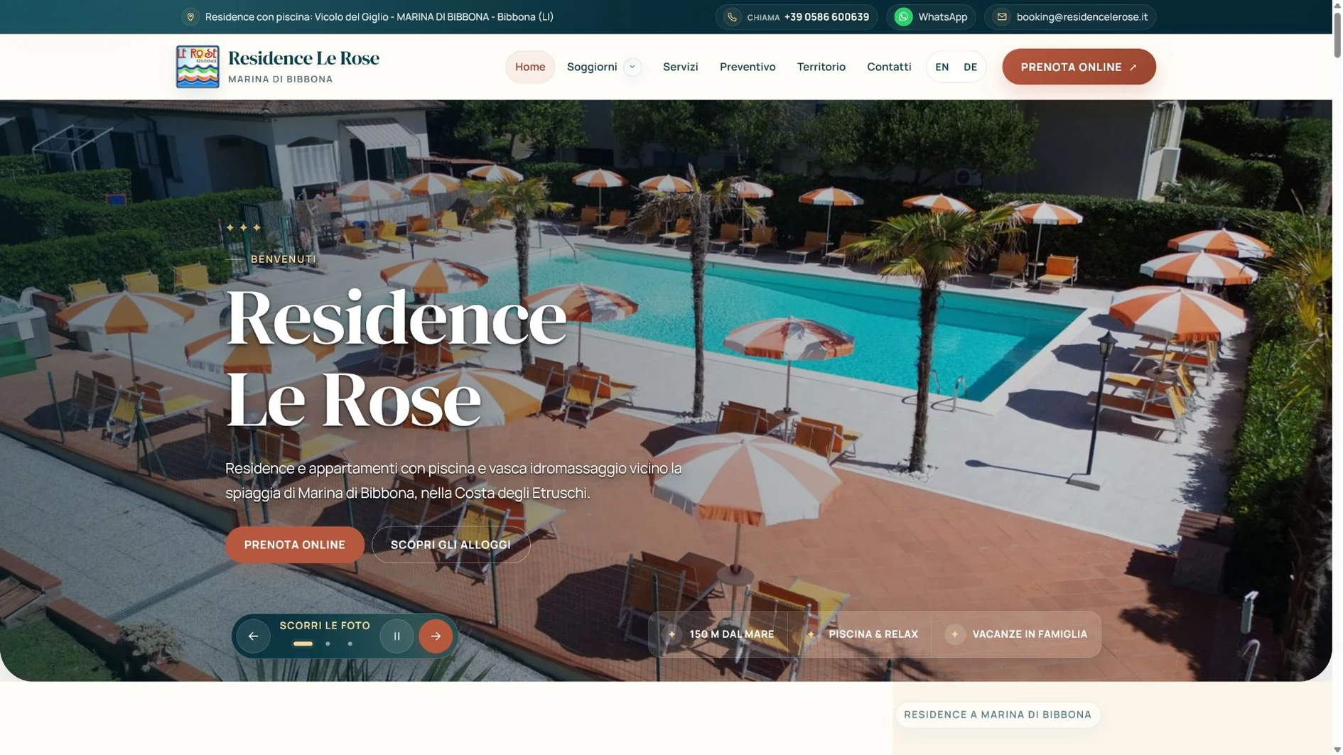 Homepage del sito Residence Le Rose a Marina di Bibbona, in Toscana