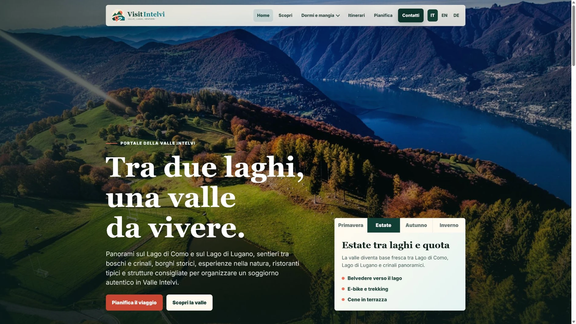 Homepage del portale turistico Visit Intelvi dedicato alla Valle Intelvi, tra Como e Lugano